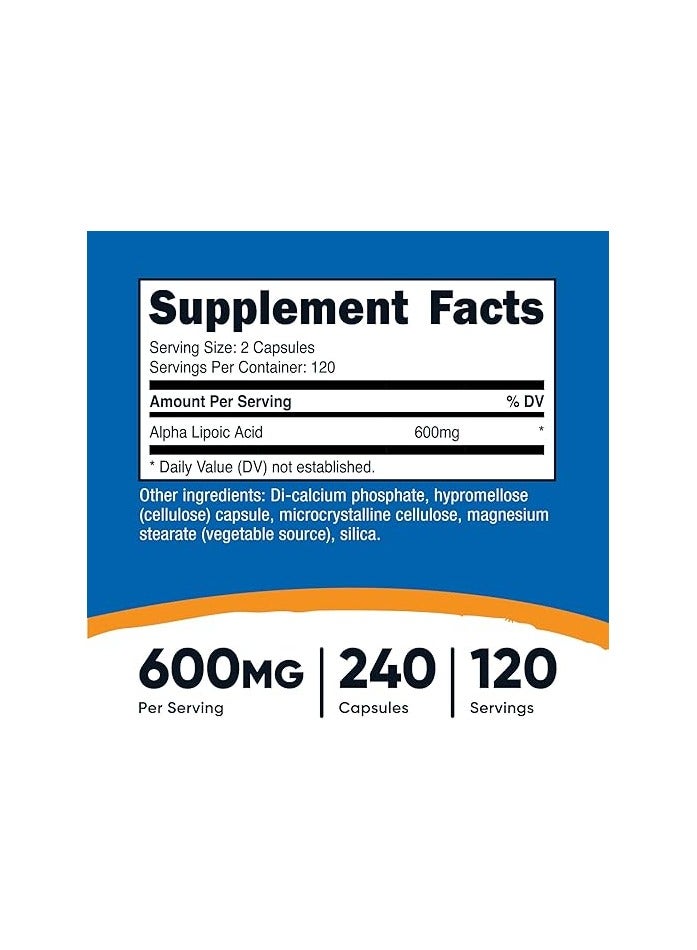 حمض ألفا ليبويك من نيوتريكوست 600 ملجم لكل وجبة، 240 كبسولة - خالية من الجلوتين، كبسولات نباتية، خالية من الصويا وغير معدلة وراثيًا - Image 2