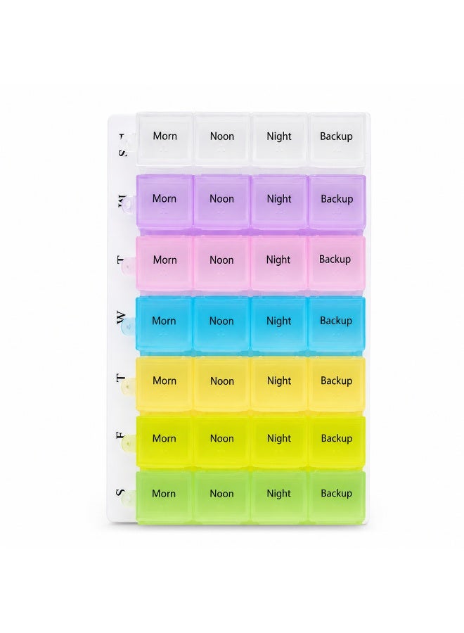 MR 7-Day Weekly Pill Organizer - 4 Times a Day Pill Box with 4 Compartments (Morn, Noon, Night, Backup) for Medications and Vitamins - Multicolor - Image 1