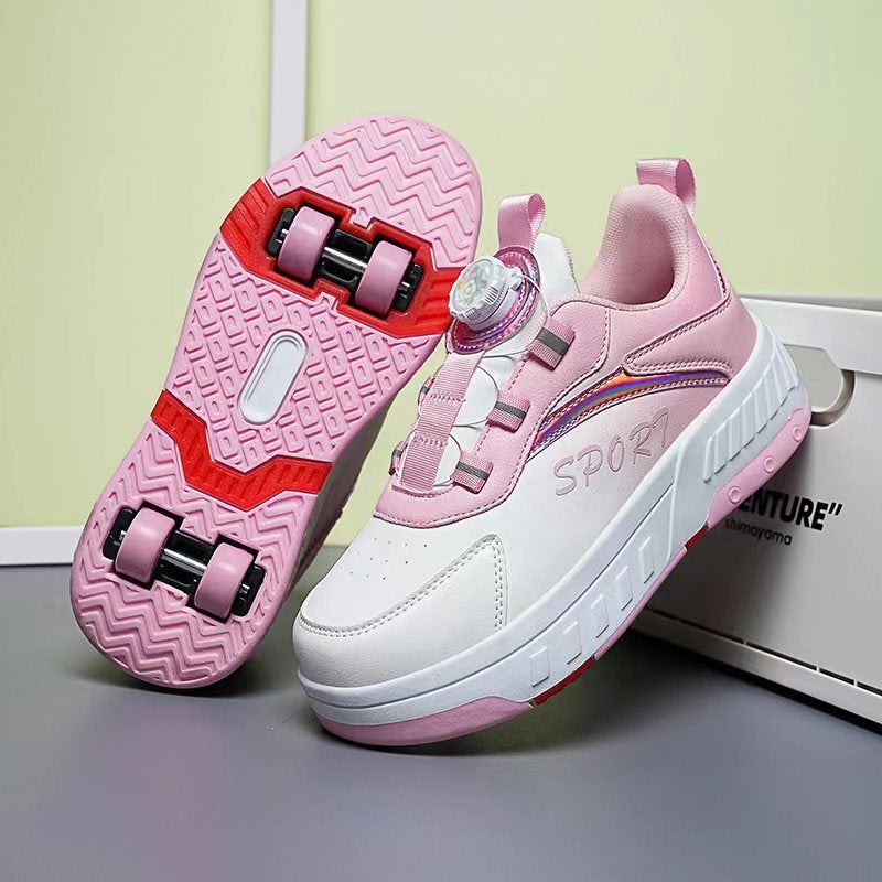 Pulley Heol Shoes Skate Shoes Four-wheel Deformation Shoes Children Adult Roller Skate Shoes Wheel Shoes Double Rai Wheel New 222 pink 