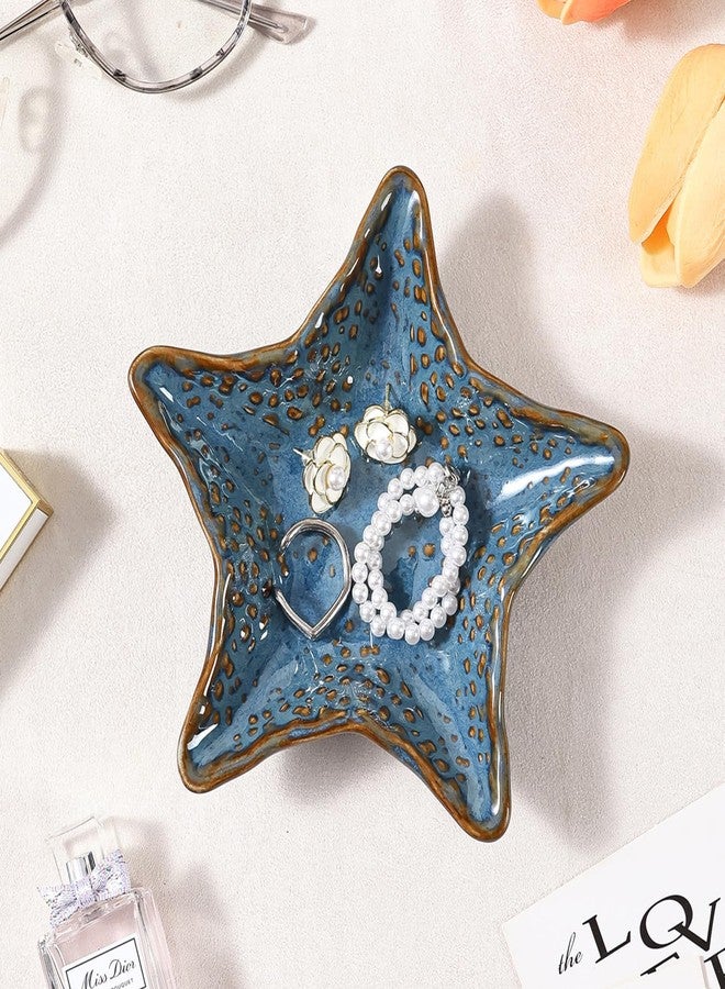 Tuioyoc Jewelry Dish Decorative Ring Tray, Ceramic Starfish Shape Trinket Tray Key Bowl, Cute Aesthetic Jewelry Plate Organizing Necklace Earrings, Home Decoration for Mom Friends Daughter Mother (Blue) - Image 1