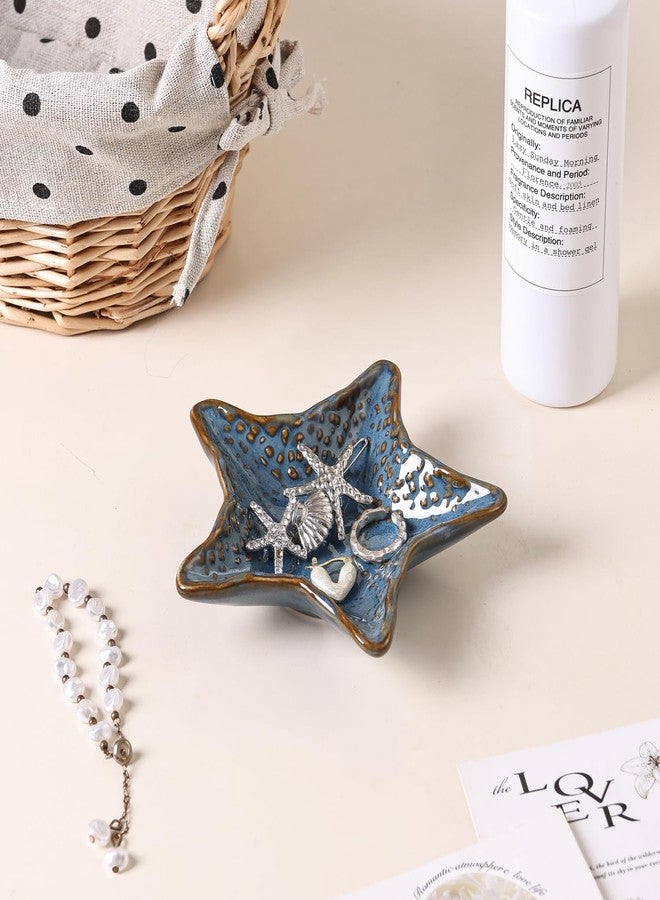 Tuioyoc Jewelry Dish Decorative Ring Tray, Ceramic Starfish Shape Trinket Tray Key Bowl, Cute Aesthetic Jewelry Plate Organizing Necklace Earrings, Home Decoration for Mom Friends Daughter Mother (Blue) - Image 3