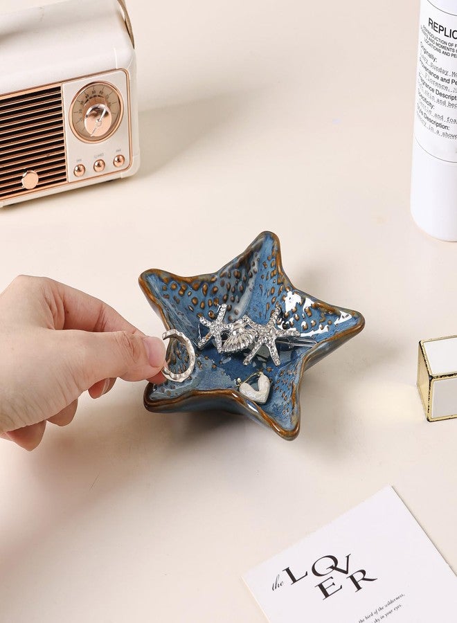 Tuioyoc Jewelry Dish Decorative Ring Tray, Ceramic Starfish Shape Trinket Tray Key Bowl, Cute Aesthetic Jewelry Plate Organizing Necklace Earrings, Home Decoration for Mom Friends Daughter Mother (Blue) - Image 4