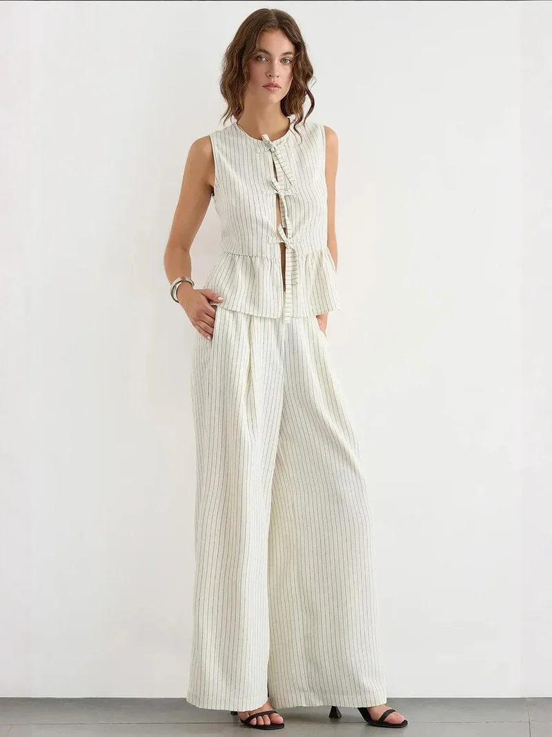 Hiccup White Striped Crew Neck Sleeveless Blouse for Women | Best Price UAE