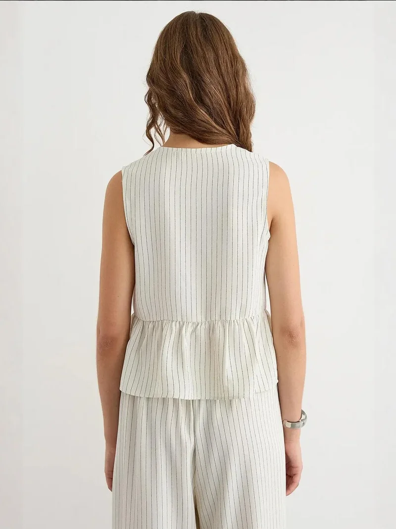 Hiccup White Striped Crew Neck Sleeveless Blouse for Women | Best Price UAE