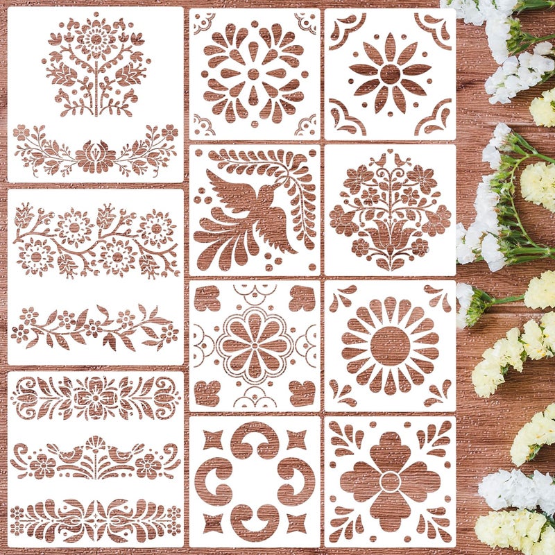 zosylley Talavera Stencil Reusable Tile Stencil Floral Folk Mexican Stencils for Painting on Wall Floor Furniture Wood Home Decor - Image 1