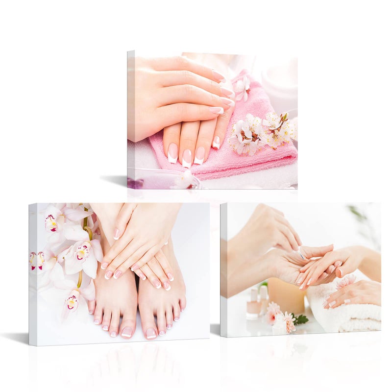 HOMEOART صور جدارية لصالون التجميل HOMEOART 3 قطع ديكور صالون الأظافر ملصق بيديكور مانيكير مطبوعات قماش مؤطرة 12x16x3 قطع