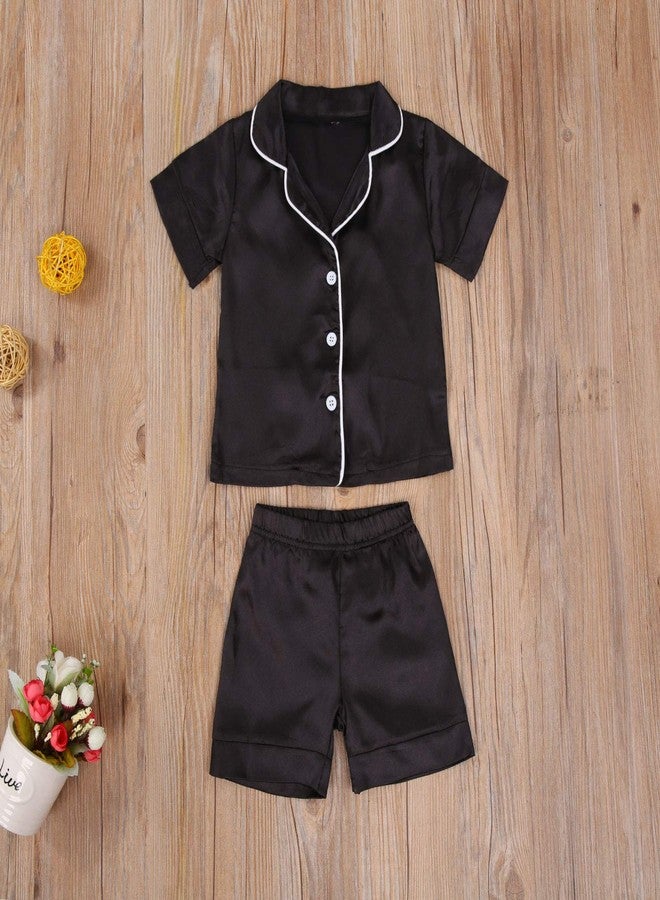 SAYOO Toddler Baby Kids Satin Summer Pajamas Set Short Sleeve Button-Down Pajamas Top Pants 2Pcs Loungwear Sleepwear Pjs (Black, 2-3 Years) - Image 3