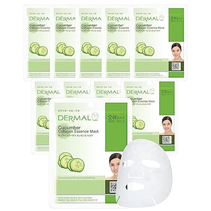DERMAL Cucumber Collagen Essence Facial Mask Sheet 23g Pack of 10 - Soothing & Moisturizing, Redness & Sunburn Relief, Daily Skin Treatment Solution Sheet Mask - Image 1