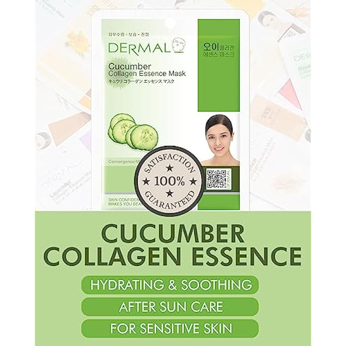 DERMAL Cucumber Collagen Essence Facial Mask Sheet 23g Pack of 10 - Soothing & Moisturizing, Redness & Sunburn Relief, Daily Skin Treatment Solution Sheet Mask - Image 2