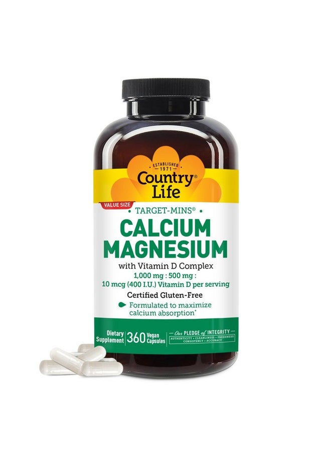 كانتري لايف Country Life Target-Mins Calcium Magnesium with Vitamin D-Complex، 1000mg/500mg/10mcg، 360 كبسولة نباتية، معتمدة خالية من الغلوتين، معتمدة نباتية، معتمدة خالية من الكائنات المعدلة وراثيًا...  - Image 1