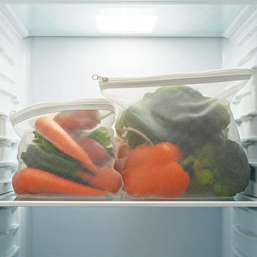 Tidy Fox Vegetable Storage Net Bags for Fridge – Set of 12 / Reusable, Washable, Durable Nylon Mesh Bags with Rustproof Zipper for Produce, Toys, Travel & Home Organization - Image 4