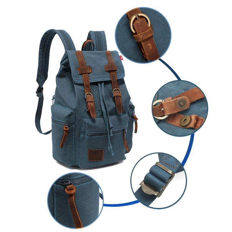 HuaChen Vintage Canvas Backpack with Leather Accents, Casual Daypack Travel Rucksack for Men Women,School College Hiking Camping M32 Blue - Image 5