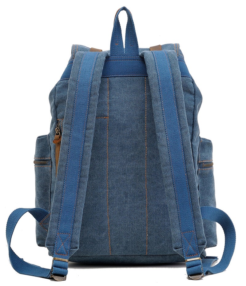HuaChen Vintage Canvas Backpack with Leather Accents, Casual Daypack Travel Rucksack for Men Women,School College Hiking Camping M32 Blue - Image 4