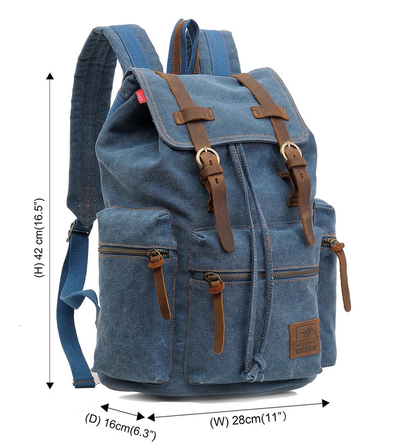 HuaChen Vintage Canvas Backpack with Leather Accents, Casual Daypack Travel Rucksack for Men Women,School College Hiking Camping M32 Blue - Image 2