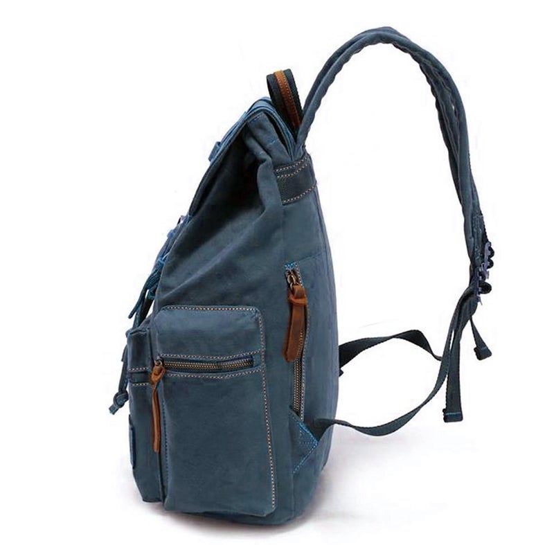 HuaChen Vintage Canvas Backpack with Leather Accents, Casual Daypack Travel Rucksack for Men Women,School College Hiking Camping M32 Blue - Image 3