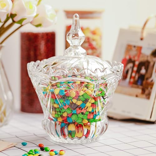 Mevanta Premium Glass Candy Dish with Lid, Clear Glass Candy Jar, Cookie Jar, Decorative Candy Bowl, Jewellery Dish, Covered Candy Jars for Buffet, Kitchen, Home, Office Desk (1, Diamond - C) - Image 1