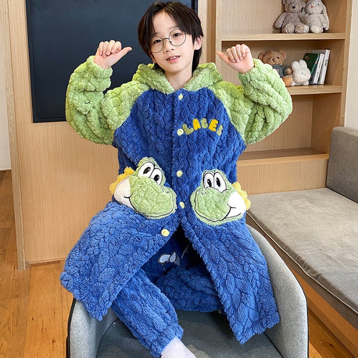 Boys Coral Fleece Nightgown Autumn and Winter Thickened Childrens Flannel Home Clothes Boys Medium and Large Childrens Bathrobe suit K-930# 