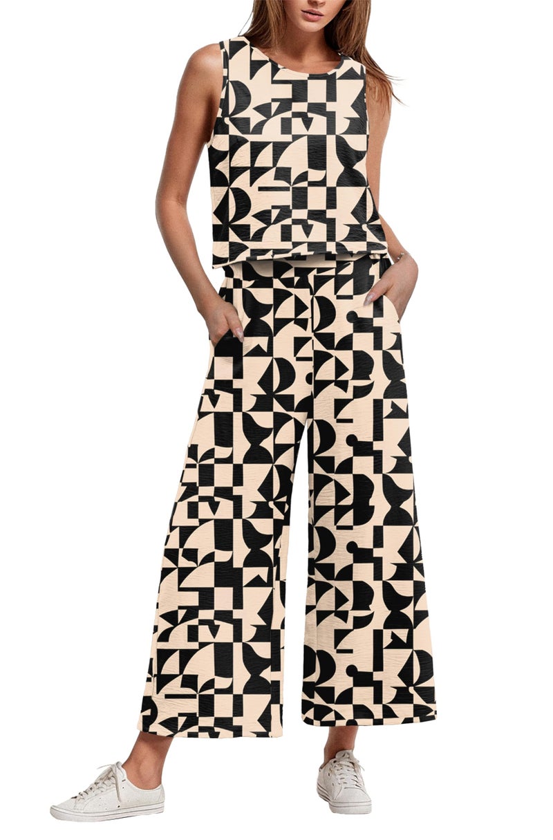 IWOLLENCE Women's Summer 2 Piece Outfits Set Round neck Sleeveless Tank Crop Top Wide Leg pants Set Pockets Jumpsuits Apricot Geometry Medium - Image 1
