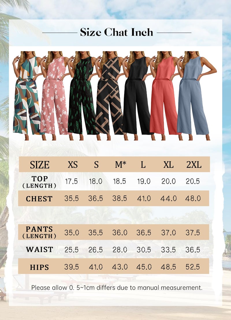 IWOLLENCE Women's Summer 2 Piece Outfits Set Round neck Sleeveless Tank Crop Top Wide Leg pants Set Pockets Jumpsuits Apricot Geometry Medium - Image 5