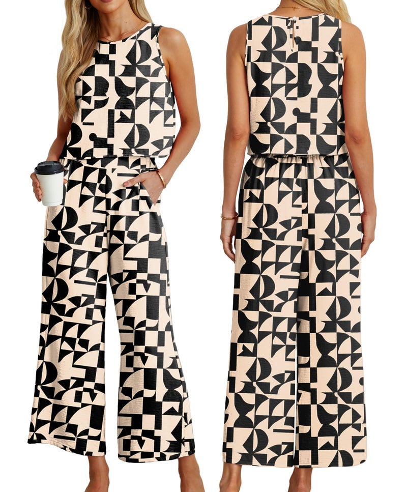 IWOLLENCE Women's Summer 2 Piece Outfits Set Round neck Sleeveless Tank Crop Top Wide Leg pants Set Pockets Jumpsuits Apricot Geometry Medium - Image 4