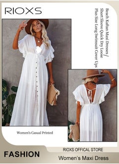 RIOXS Women's Deep V Neck Maxi Dress, Bikini Cover Up, Beach Swimwear, Ruffle Short Sleeves Dress, Ladies Cardigan Button Dress, Summer Long Dress For Women, Coverups For Beach Hawaii Vacation  - Image 2