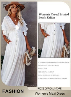 RIOXS Women's Deep V Neck Maxi Dress, Bikini Cover Up, Beach Swimwear, Ruffle Short Sleeves Dress, Ladies Cardigan Button Dress, Summer Long Dress For Women, Coverups For Beach Hawaii Vacation  - Image 3