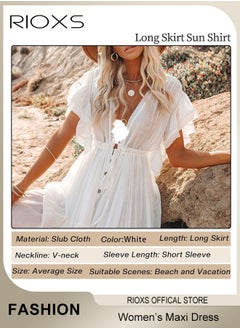 RIOXS Women's Deep V Neck Maxi Dress, Bikini Cover Up, Beach Swimwear, Ruffle Short Sleeves Dress, Ladies Cardigan Button Dress, Summer Long Dress For Women, Coverups For Beach Hawaii Vacation  - Image 5