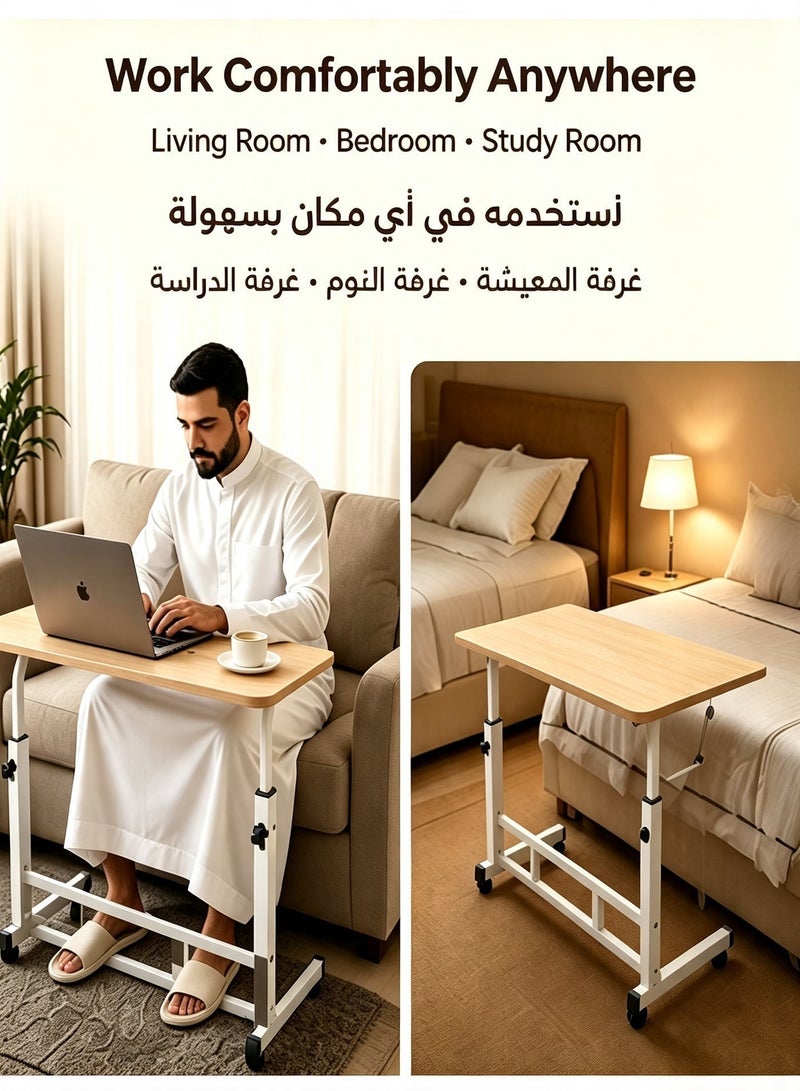إينابايت طاولة لابتوب متحركة قابلة لتعديل الارتفاع بعجلات، مكتب كمبيوتر متنقل للعمل والدراسة بجانب السرير والأريكة، سطح خشبي مع عجلات قابلة للقفل - Image 4