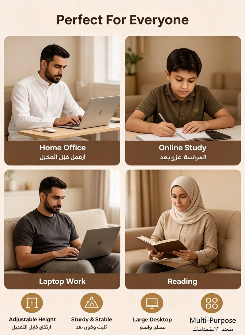 إينابايت طاولة لابتوب متحركة قابلة لتعديل الارتفاع بعجلات، مكتب كمبيوتر متنقل للعمل والدراسة بجانب السرير والأريكة، سطح خشبي مع عجلات قابلة للقفل - Image 3