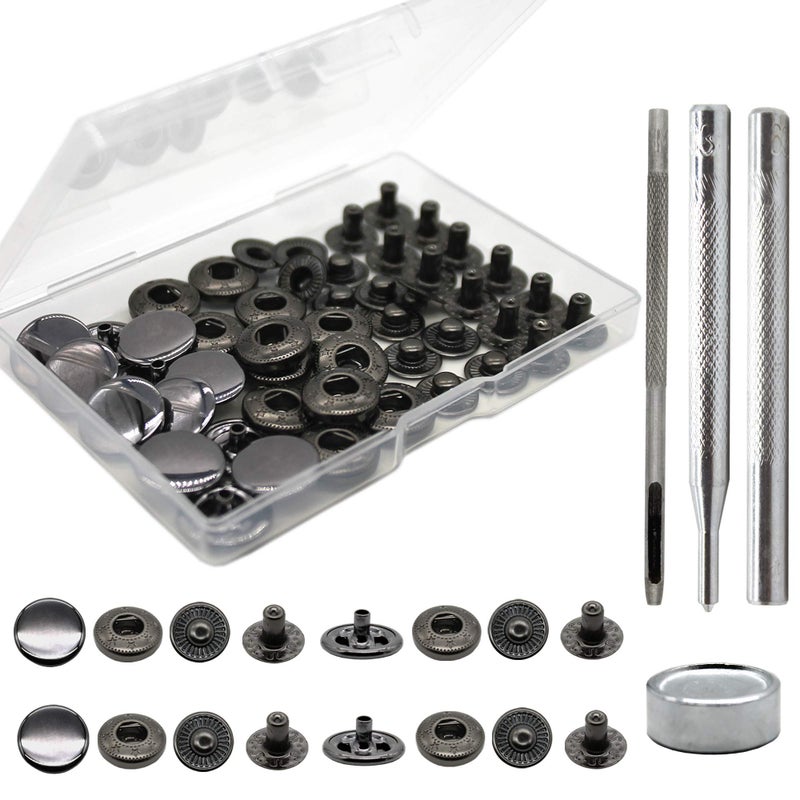 Raydodo 12 Set Leather Snap Fasteners Kit, 15mm Metal Snap Buttons Kit Press Studs with 4 Install Tools, Rivets and Snaps for Clothing, Jeans, Jackets, Bracelets, Bags (Silver) - Image 1