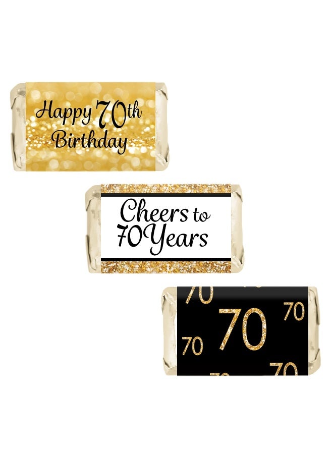 DISTINCTIVS Black and Gold 70th Birthday Party Mini Candy Bar Wrappers - 45 Stickers - Image 1