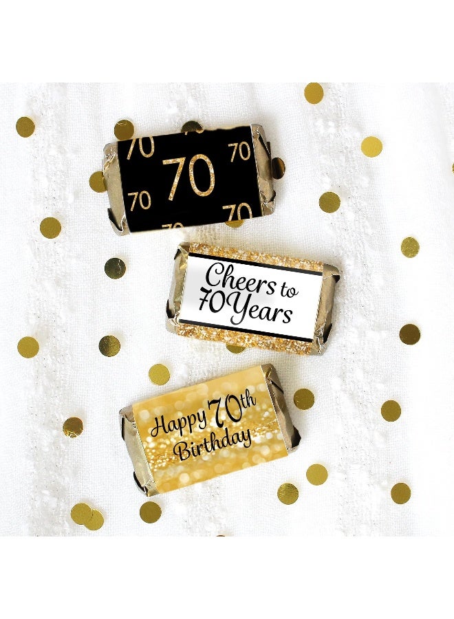 DISTINCTIVS Black and Gold 70th Birthday Party Mini Candy Bar Wrappers - 45 Stickers - Image 2