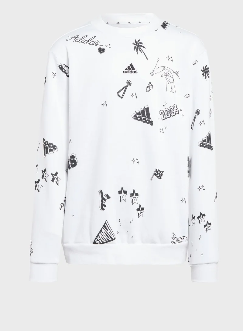 Adidas Brand Love Allover Print Crew Sweatshirt Kids