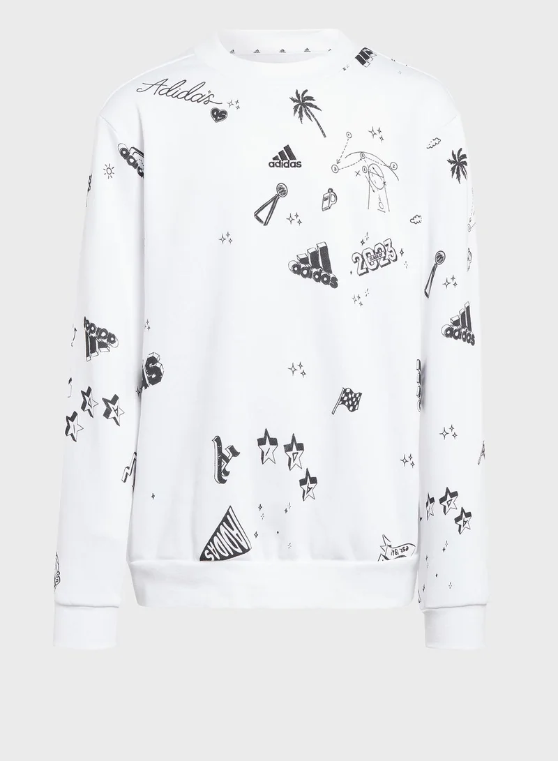 Adidas Brand Love Allover Print Crew Sweatshirt Kids