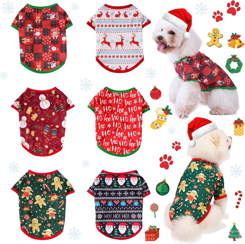 KATOLK 6 Pieces Christmas Dog Clothes for Small Dogs, Soft and Breathable Pet Shirt, Winter Puppy Kitten Vest Printed Dog Shirts, Christmas Snowman Santa Claus Reindeer T-Shirts for Pet Dogs Cats - Image 1