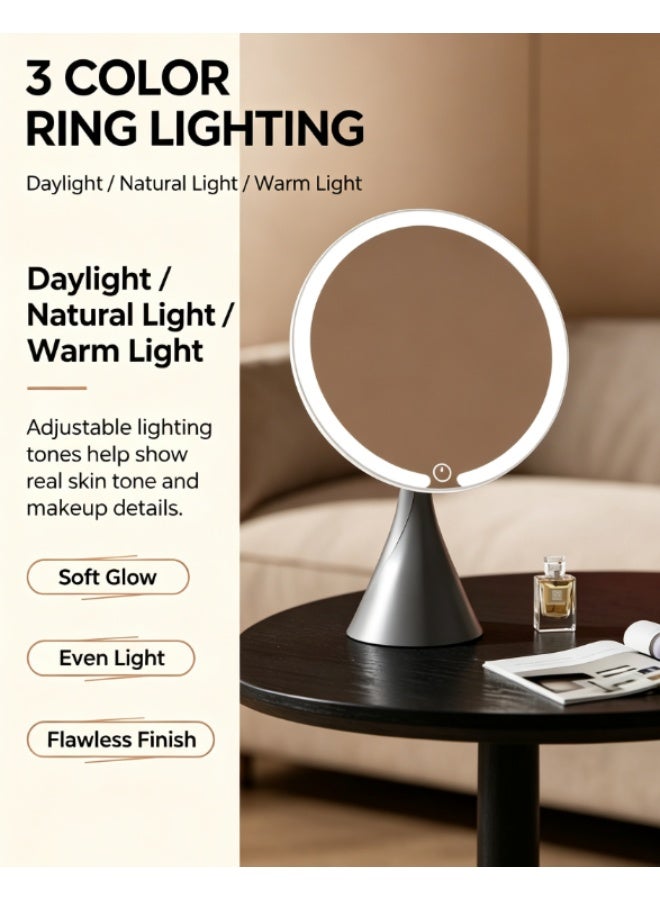 مرآة مكياج دائرية LED مقاس 8.4 بوصة بثلاثة أنواع إضاءة، مرآة تجميل قابلة للشحن لطاولات غرف النوم - Image 1