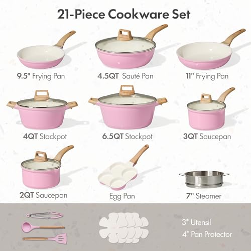 CAROTE 21 PCS Ceramic Cookware Set, Pots and Pans Set Non Stick, Pot and Pan Set with Frying pan, Induction Ready Cooking Set for Kitchen, PFOS/PFOA/PFAS Free, Pink - Image 2