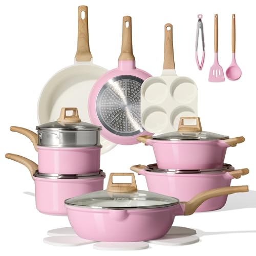 CAROTE 21 PCS Ceramic Cookware Set, Pots and Pans Set Non Stick, Pot and Pan Set with Frying pan, Induction Ready Cooking Set for Kitchen, PFOS/PFOA/PFAS Free, Pink - Image 1