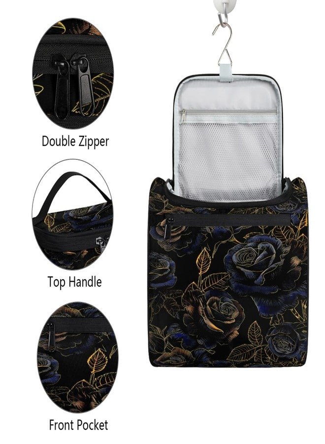 cfpolar Toiletry Bag for Women, Flower Gold Blue Rose Hanging Travel Toiletry Bag, Water-resistant Cosmetic Makeup Organizer for Toiletries and Cosmetics, Bathroom Shower Bag with Handle and Hook - Image 3