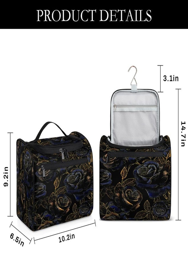 cfpolar Toiletry Bag for Women, Flower Gold Blue Rose Hanging Travel Toiletry Bag, Water-resistant Cosmetic Makeup Organizer for Toiletries and Cosmetics, Bathroom Shower Bag with Handle and Hook - Image 2