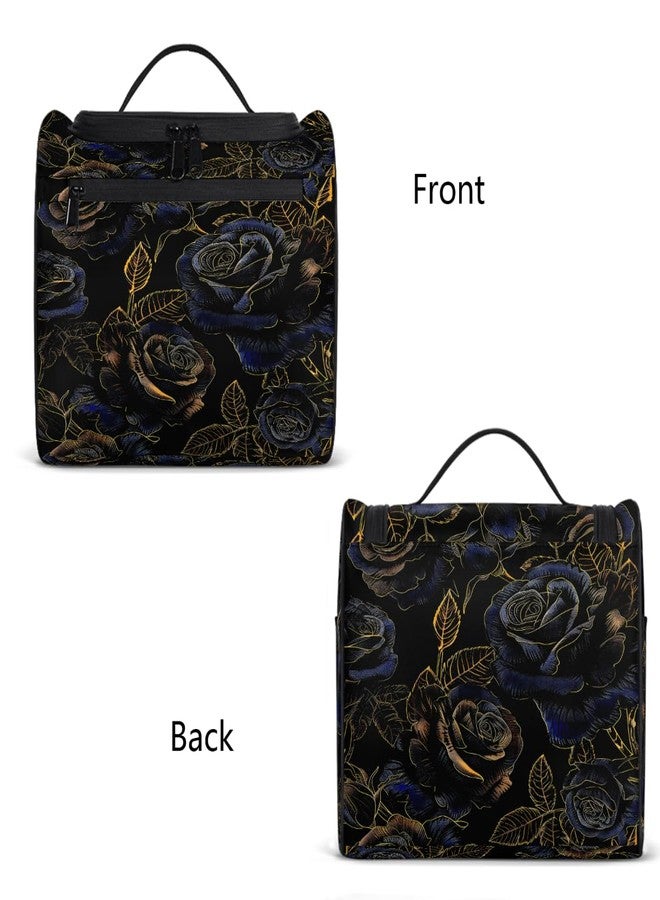 cfpolar Toiletry Bag for Women, Flower Gold Blue Rose Hanging Travel Toiletry Bag, Water-resistant Cosmetic Makeup Organizer for Toiletries and Cosmetics, Bathroom Shower Bag with Handle and Hook - Image 4