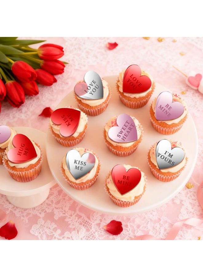 FULAIERGD 48 Pcs Happy Valentine's Day Cake Toppers, Mirror Acrylic Cupcake Toppers for Cake Desserts Decorations, 3 Colors Heart-Shape Cupcake Picks Engraved Topper for Valentine Anniversary Party Decor - Image 5