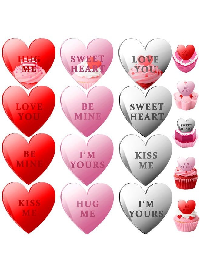 FULAIERGD 48 Pcs Happy Valentine's Day Cake Toppers, Mirror Acrylic Cupcake Toppers for Cake Desserts Decorations, 3 Colors Heart-Shape Cupcake Picks Engraved Topper for Valentine Anniversary Party Decor - Image 1