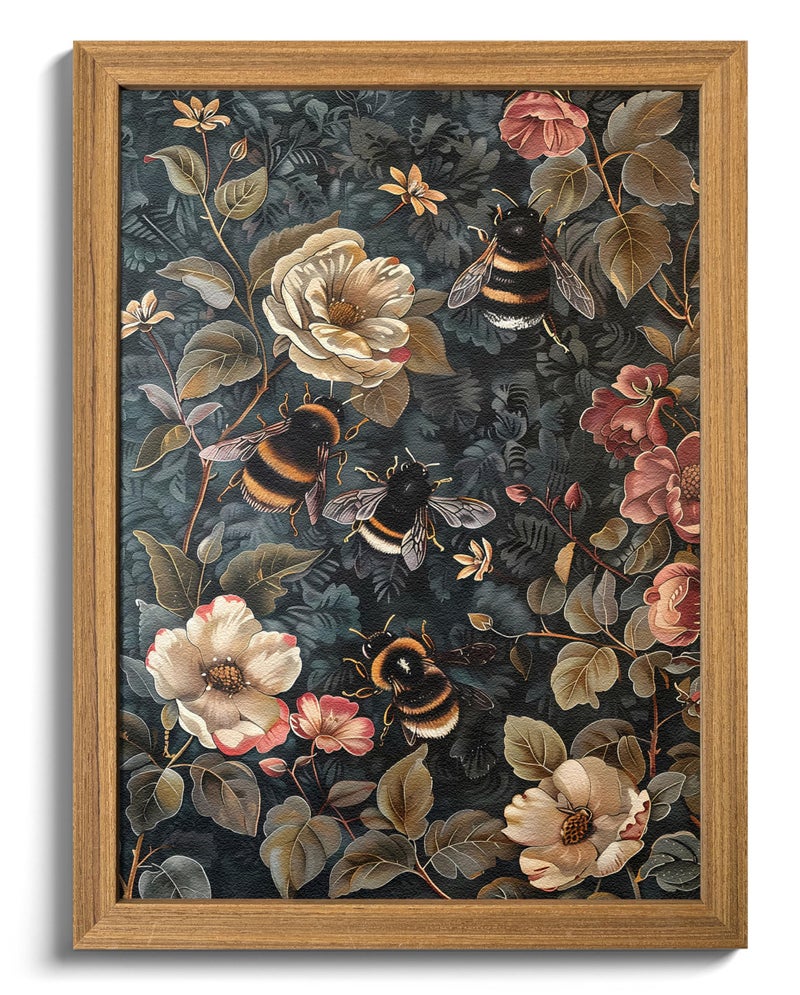 AKWISH Framed 3D Textured Vintage Wall Art  Dark Academia Bumble Bee Hand Drawn Sandstone Paintings with Botanical Florals Aesthetic Wall Decor for Living Room Bedroom Home 12x16 inch