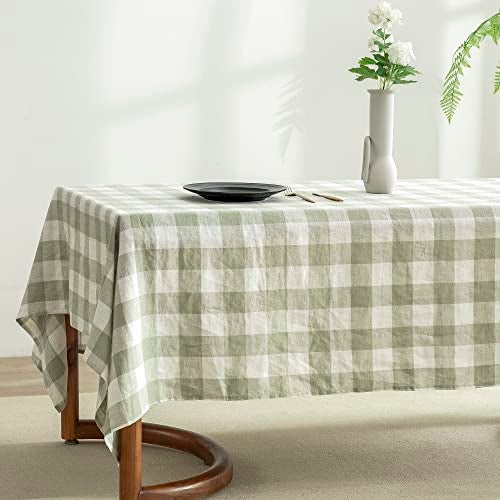 EVERLY 100% Yarn-Dyed Linen Rectangle Tablecloths 60x84Inches for Dining,Buffet Parties,Picnic,Events and Restaurants,Decorative Halloween,Thanksgiving Machine Washable Tablecloths-Sage Green Plaid - Image 2