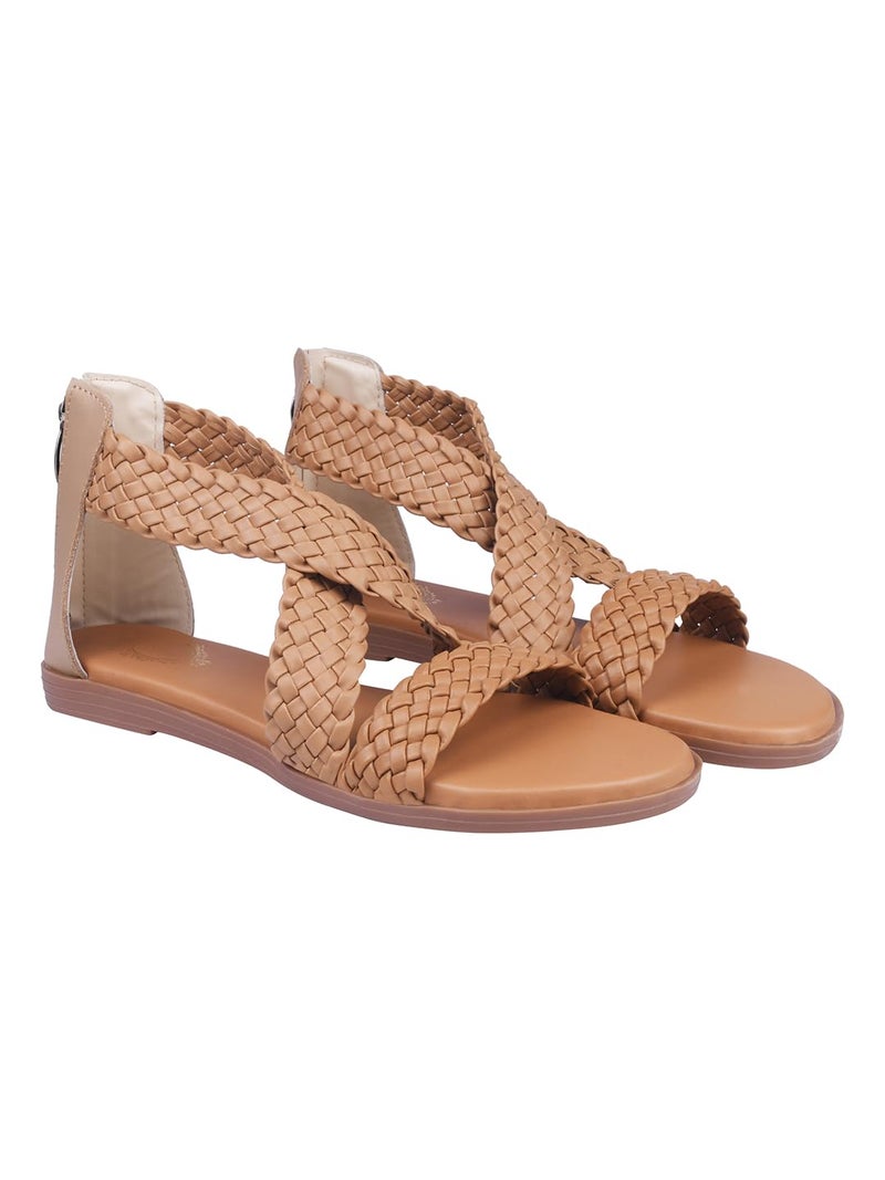Shoetopia Women's Tan Braided Gladiator Flat Sandals – Comfortable Casual Summer Stylish Sandals with Back Zip Closure EU39 - Image 1