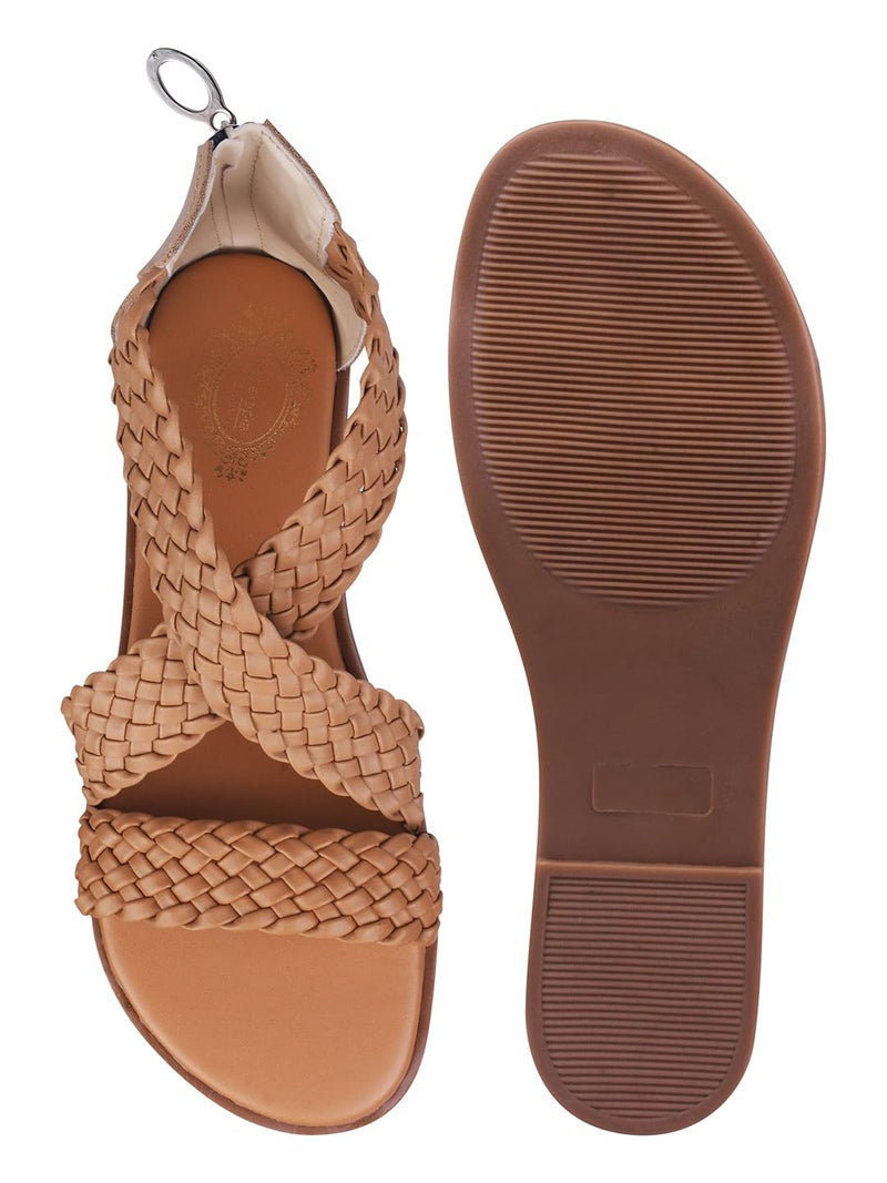 Shoetopia Women's Tan Braided Gladiator Flat Sandals – Comfortable Casual Summer Stylish Sandals with Back Zip Closure EU39 - Image 5