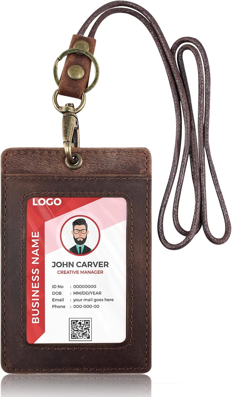 boshiho Office Lanyard Card Holder with Neck Strap, Faux Leather, Ideal for ID Cards and Other Cards as well as Keys, USB Drives or Mobile Phones, Strong Attachment Clip, Dark Brown - Image 1