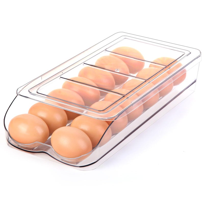 RoskDeewat Egg Holder for Fridge Automatic Rolling Egg Container for Refrigerator Stackable Fridge Organizers and Storage with Lid Clear Plastic Egg DispenserBin Tray 1 Tier