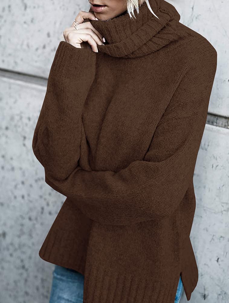FISACE Womens Oversized Turtleneck Pullover Sweater Cable Knit Long Sleeve Sweater Tops A-Brown - Image 3